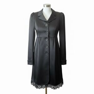 Betsey Johnson Vintage Black Satin Lace Bustle Coat Dress Sz‎ 2 Holiday Party